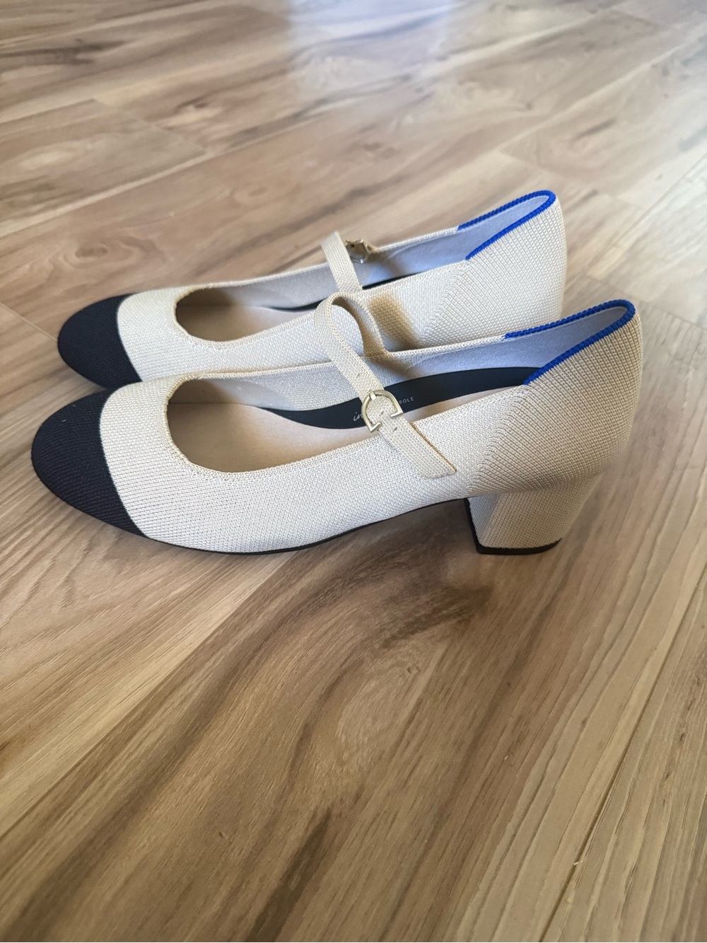 Rothy's Cream and Black Mary Jane Block Heel with Blue Trim